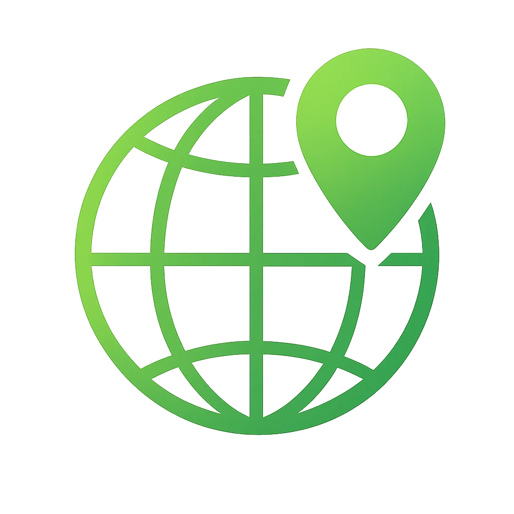 Green globe with a location pin representing geo targeting and geographic website targeting.