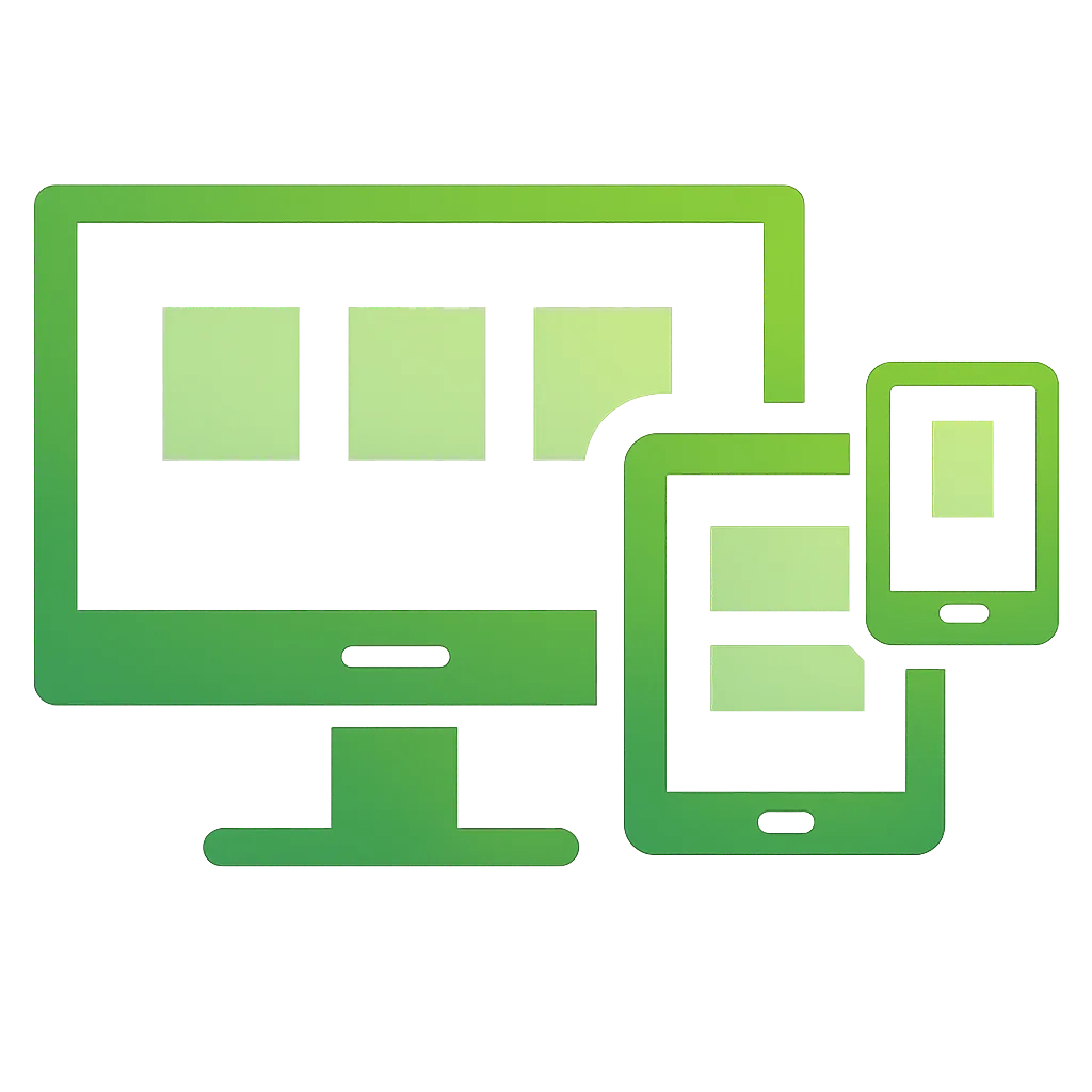 Green responsive web design icon showing a desktop, tablet, and smartphone representing mobile-friendly websites.